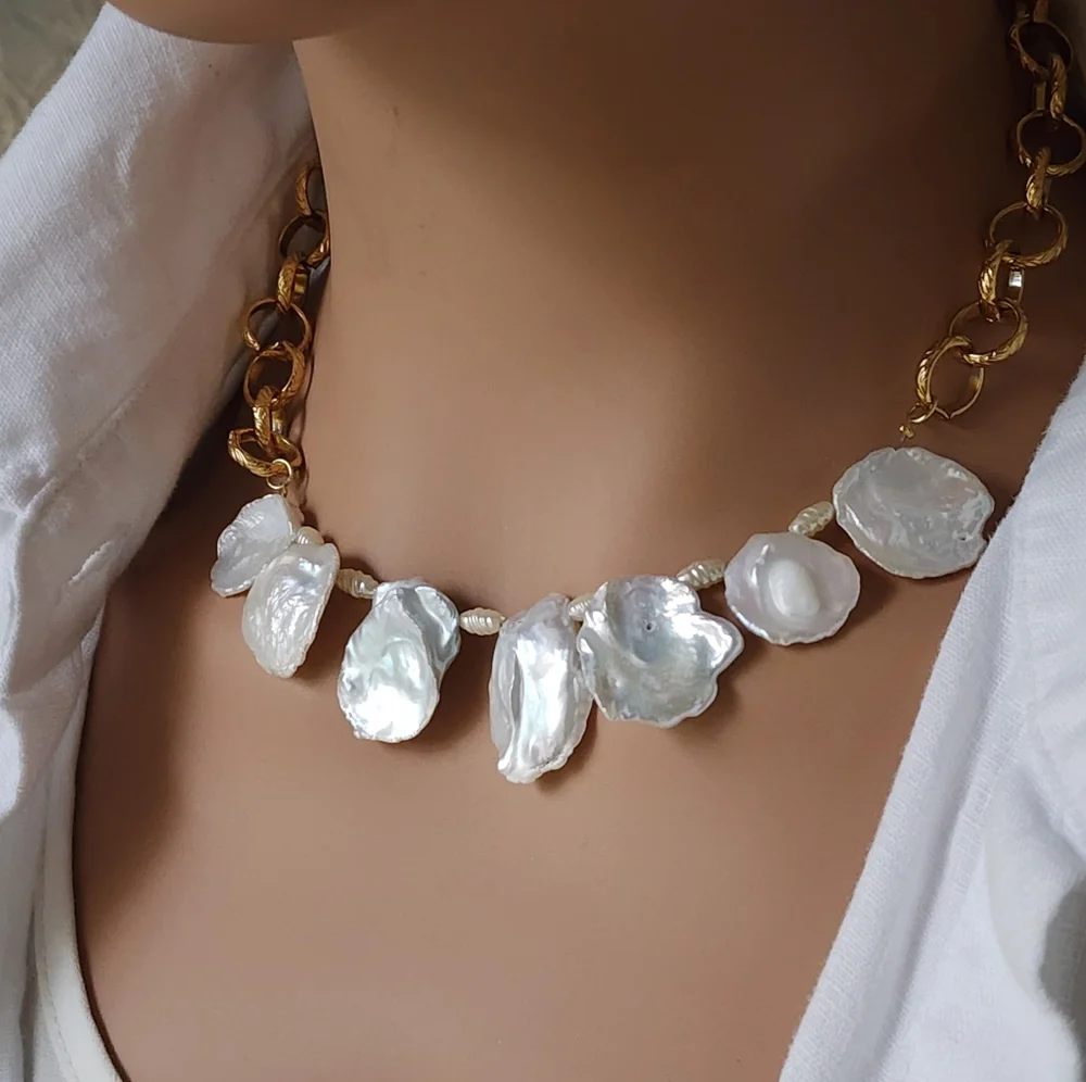 Cult Gaia Genuine Pearls 14K Gold plated Necklace Real Raw Coin Pearls